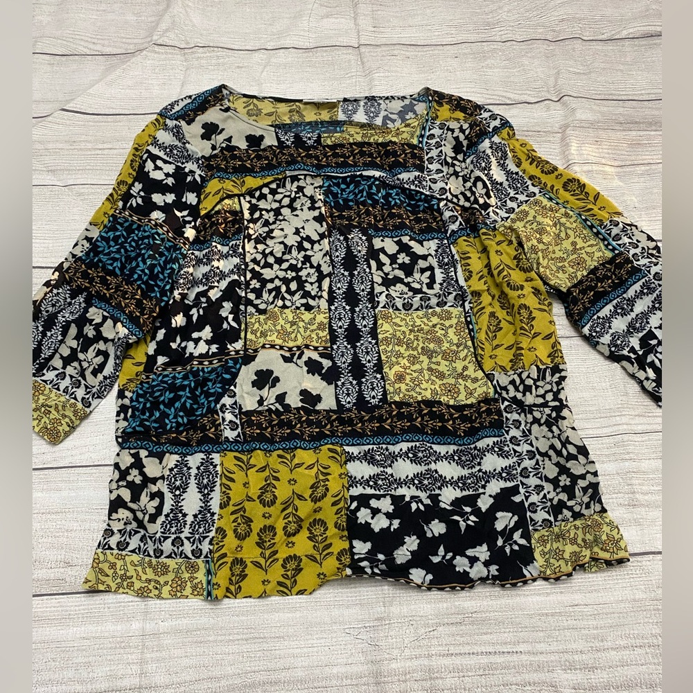 J Jill Top Womens Small Black Yellow Floral Patchwork Look 3/4 Sleeve Blouse